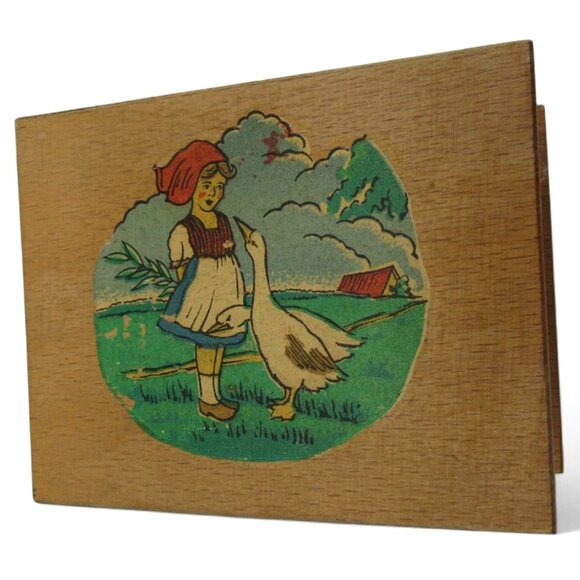 Wooden MONEY Bank Box Girl And Goose Print Eastern Germany Vintage 4" - Picture 5 of 10